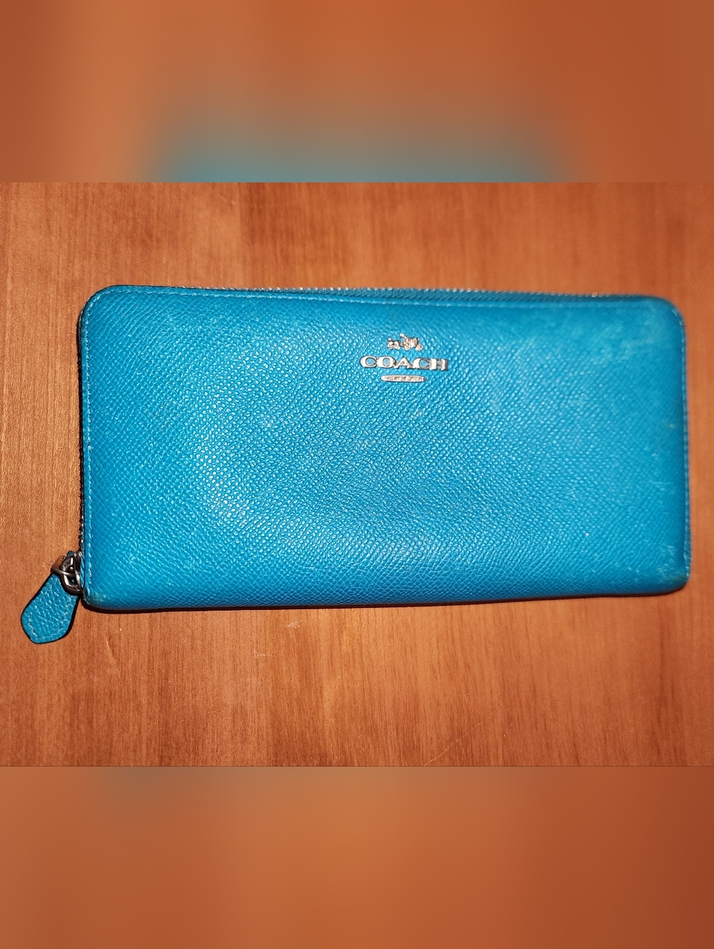 Coach Zip-Around Wallet Bright Turquoise, has condition issues: Wear & Peel